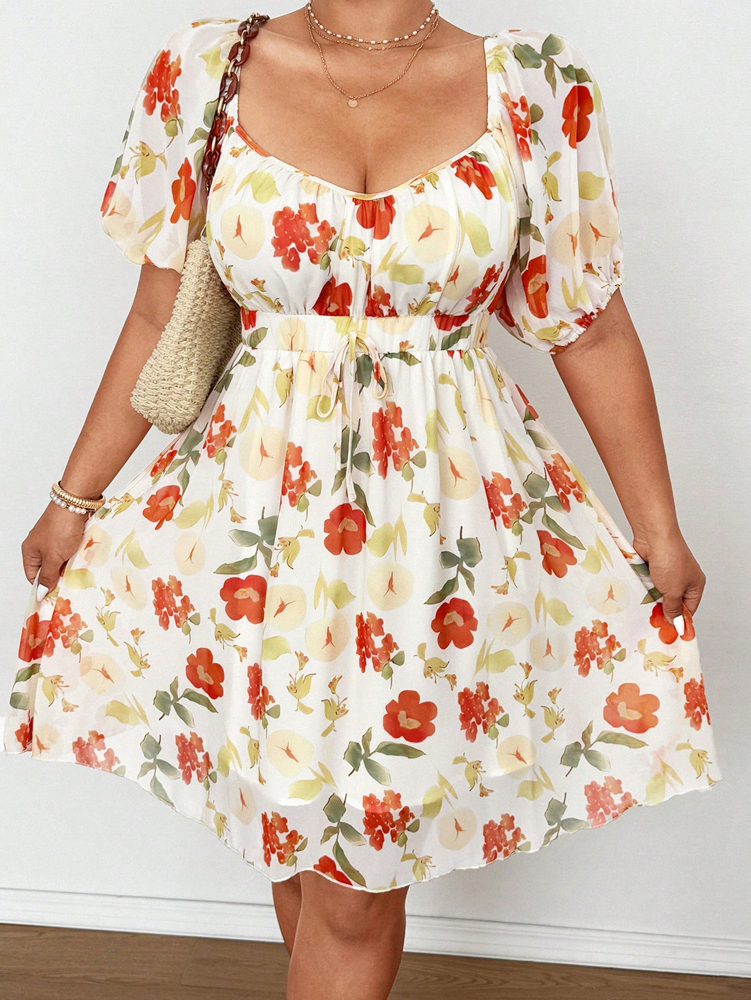 Romper Floral Print - Plus Size Floral Print Square Neck