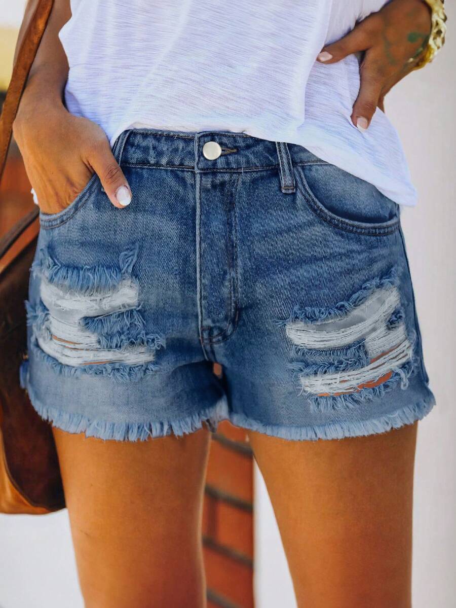 Mid Waist Washed Denim Shorts  – обзор и цена Shorts Denim Frayed