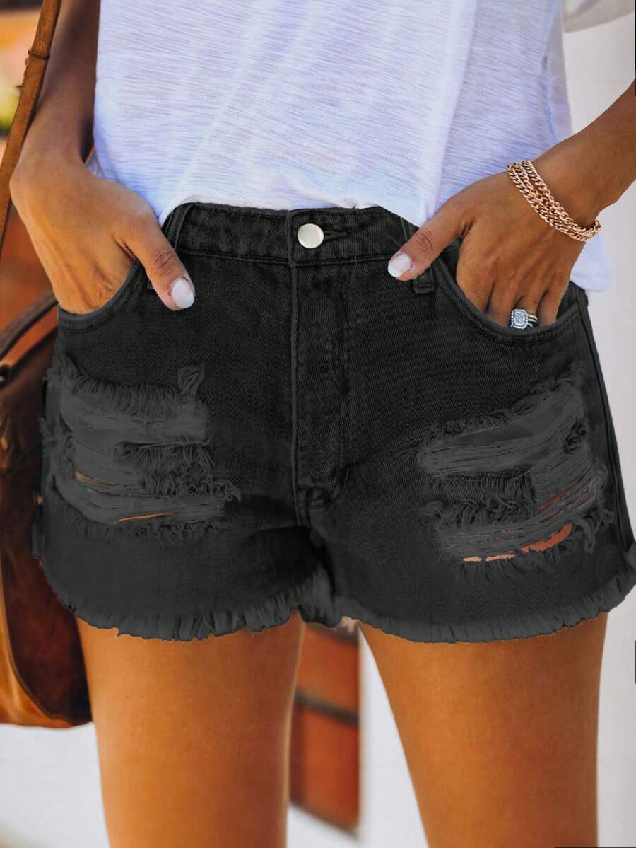 Mid Waist Washed Denim Shorts  – обзор и цена Shorts Denim Frayed