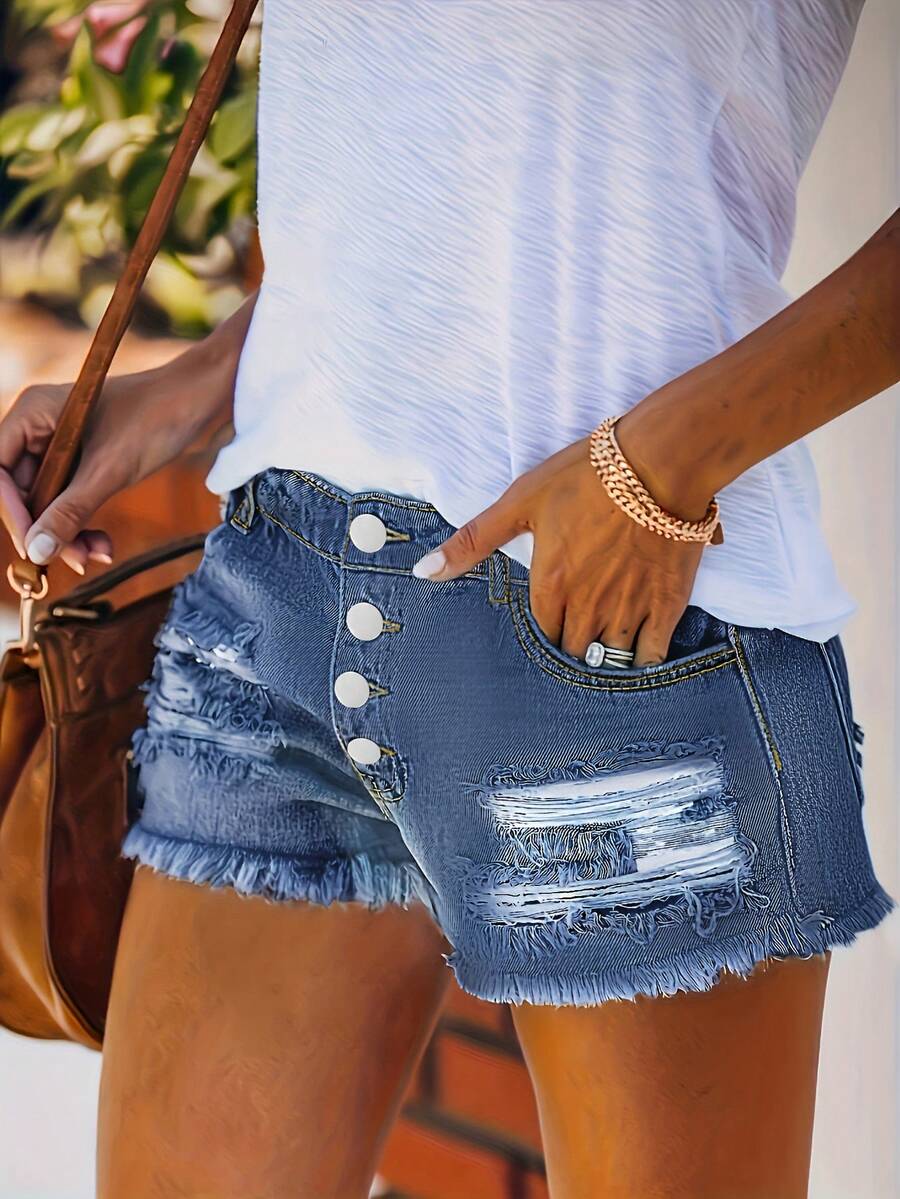 Womens Buttoned Distressed Den – обзор и цена Shorts Denim Frayed