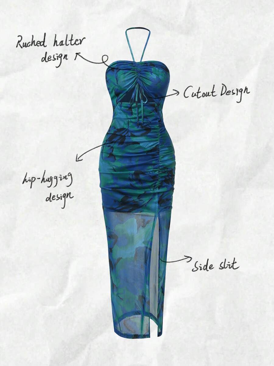 Halter Neck Pleated Mesh Print – обзор и цена Maxi Dress Halter